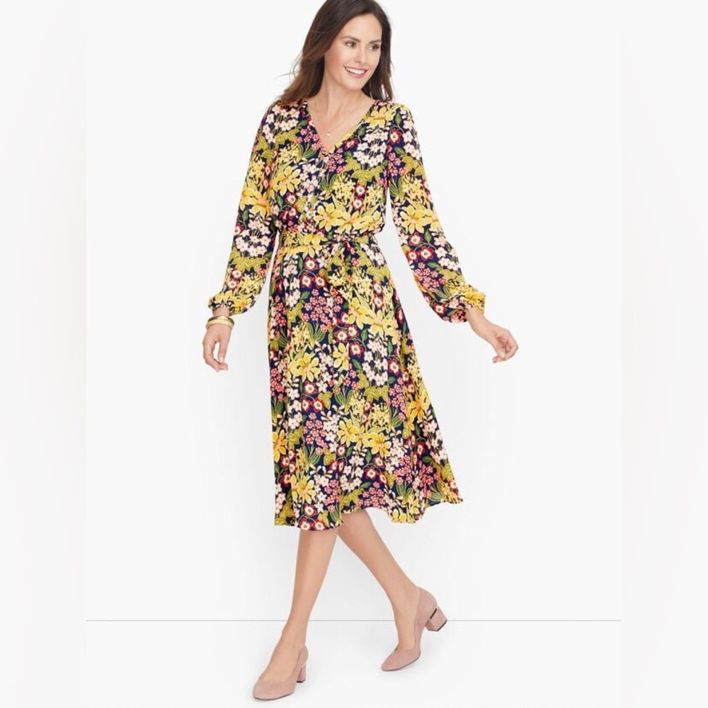 TALBOTS V-NECK GARDEN FLORAL DRESS SZ 14 P